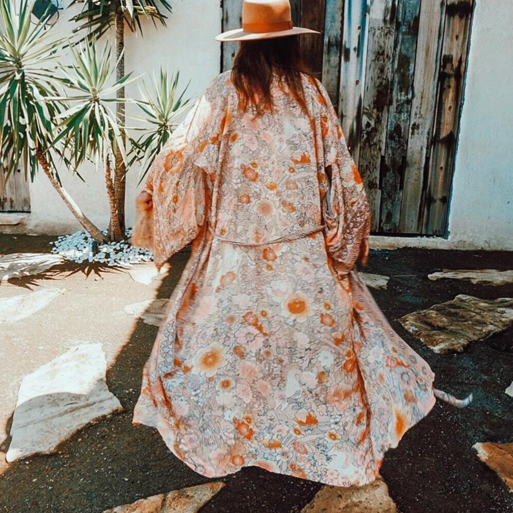 New Boho Floral Kimono Blue Maxi Duster Jacket - Picture 8 of 13